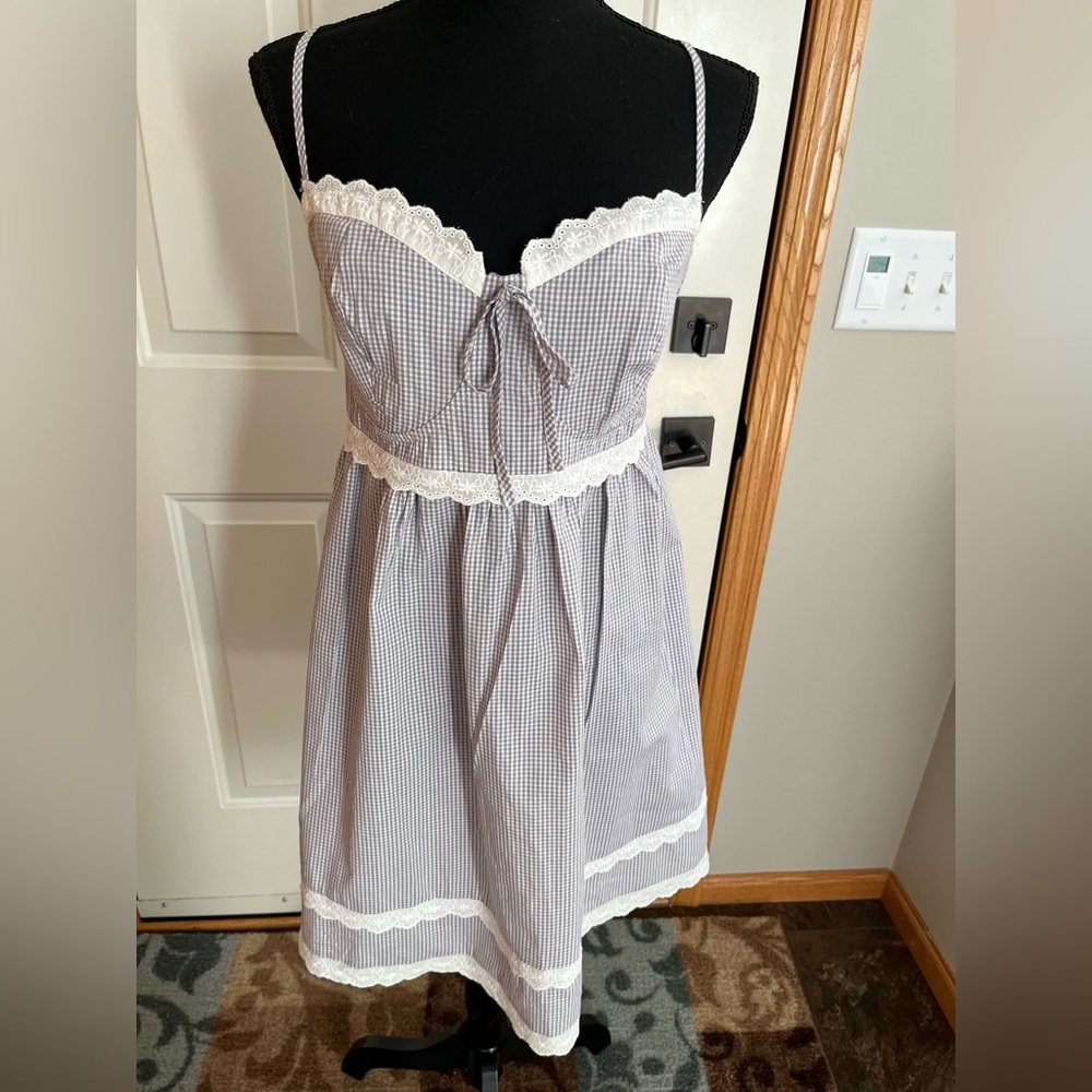 Cottagecore prairie gray & white gingham spaghetti strap delicate sun dress. XL.